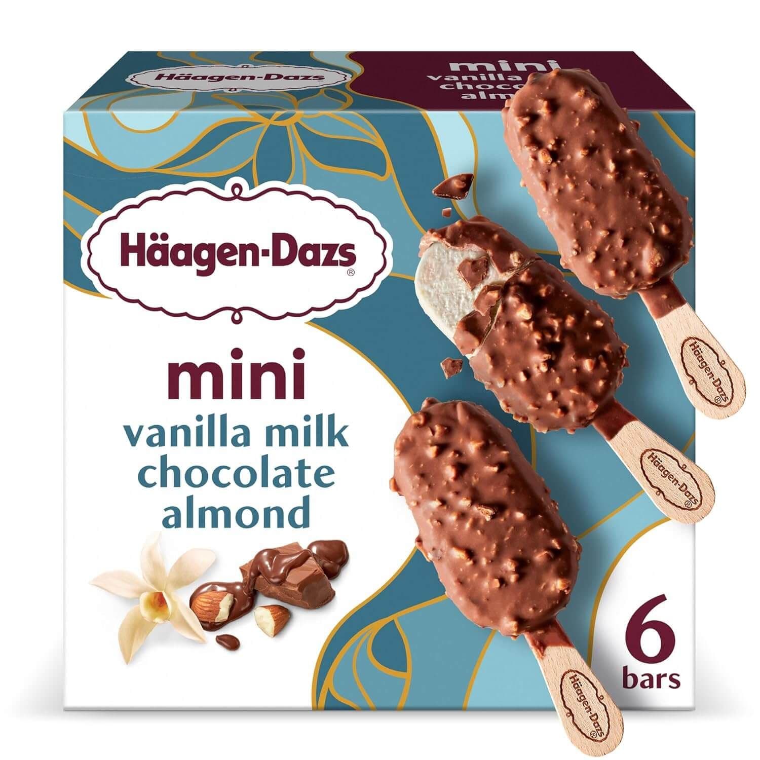  Haagen-Dazs, Vanilla Milk Chocolate Almond Snack Size Ice Cream Bars, 6 count (Frozen)